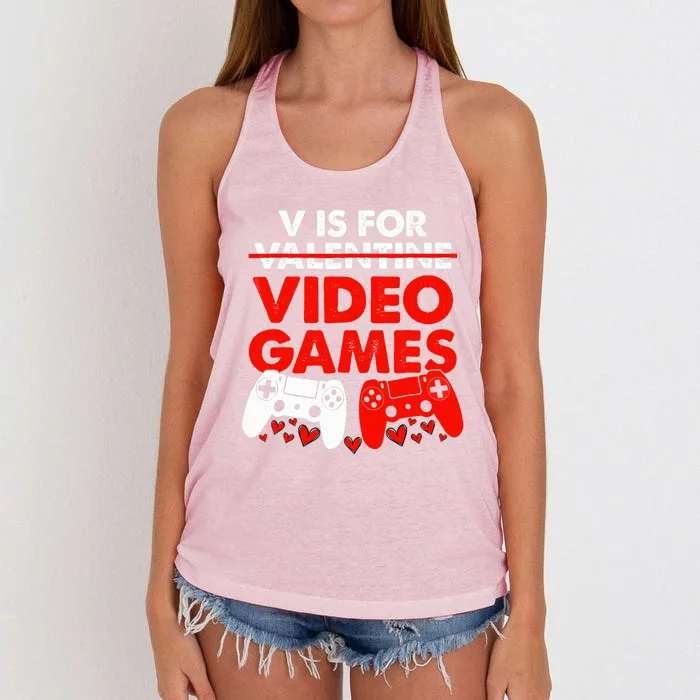 Cute V Is For Video Games Heart Funny Valentines Day Gamer Women's Knotted Racerback Tank