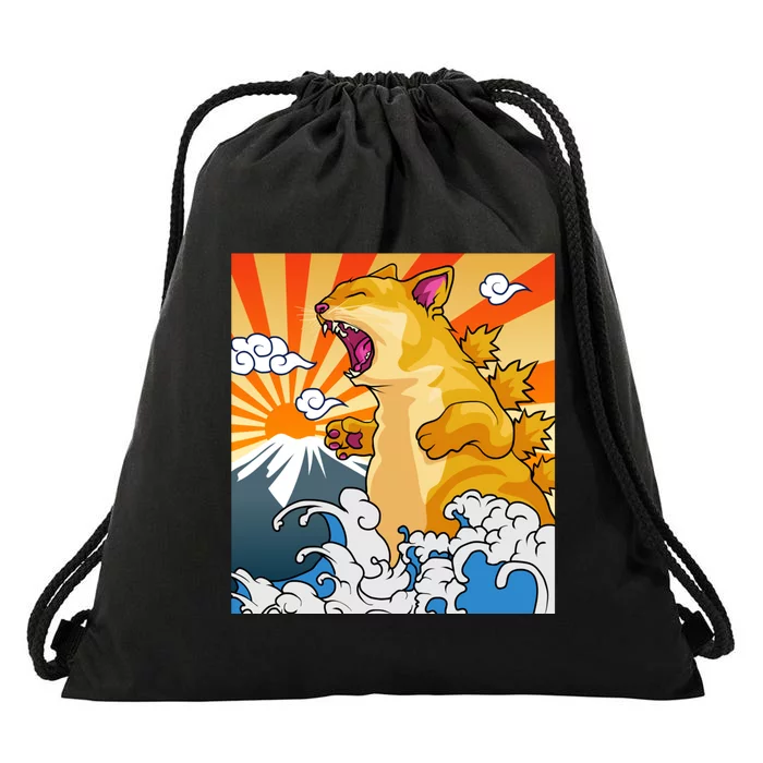 Catzilla Vintage Kawaii Cute Cat Art Japanese Sunset Drawstring Bag