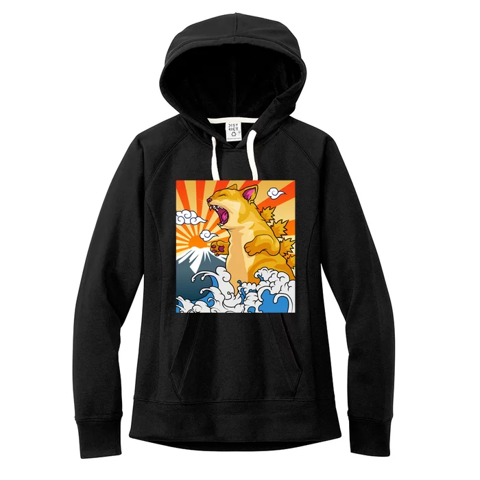 Catzilla Vintage Kawaii Cute Cat Art Japanese Sunset Women's Fleece Hoodie