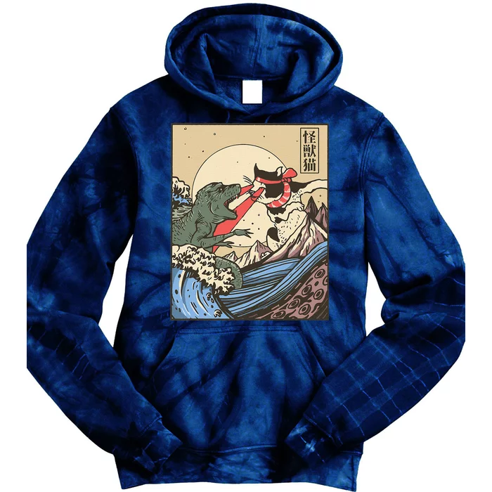 Catzilla Vs Kaiju Vintage Funny Cute Cat Art Japanese Sunset Tie Dye Hoodie