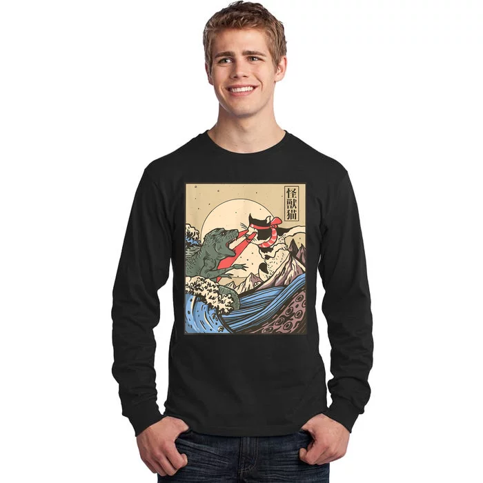 Catzilla Vs Kaiju Vintage Funny Cute Cat Art Japanese Sunset Tall Long Sleeve T-Shirt