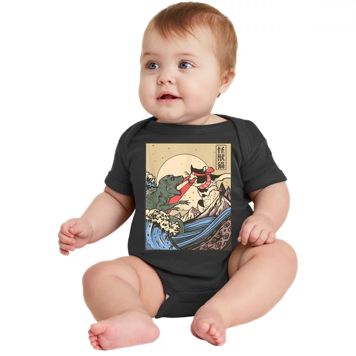 Catzilla Vs Kaiju Vintage Funny Cute Cat Art Japanese Sunset Baby Bodysuit