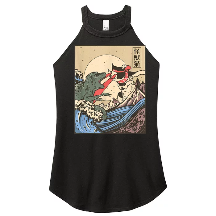 Catzilla Vs Kaiju Vintage Funny Cute Cat Art Japanese Sunset Women’s Perfect Tri Rocker Tank