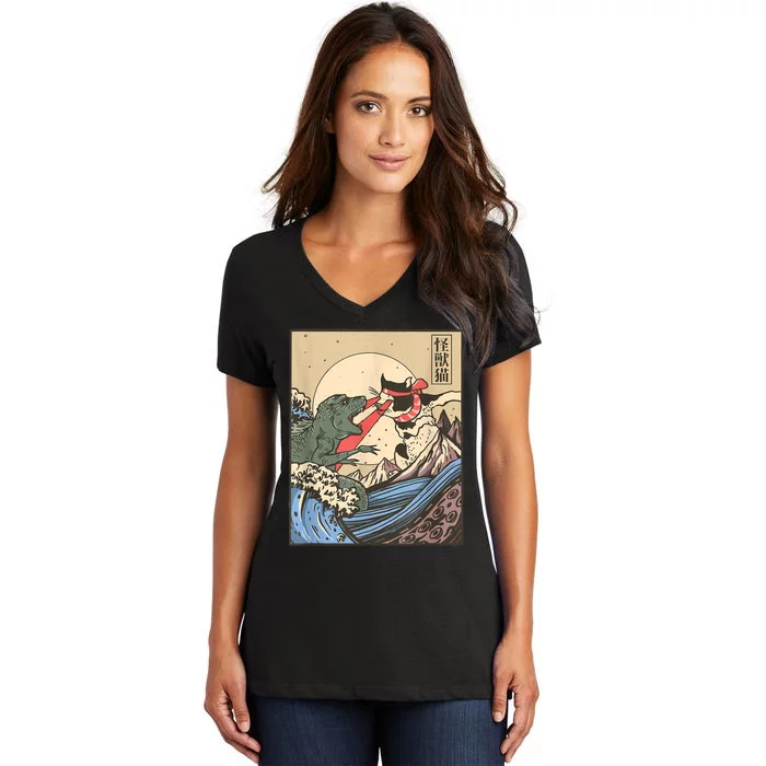 Catzilla Vs Kaiju Vintage Funny Cute Cat Art Japanese Sunset Women's V-Neck T-Shirt