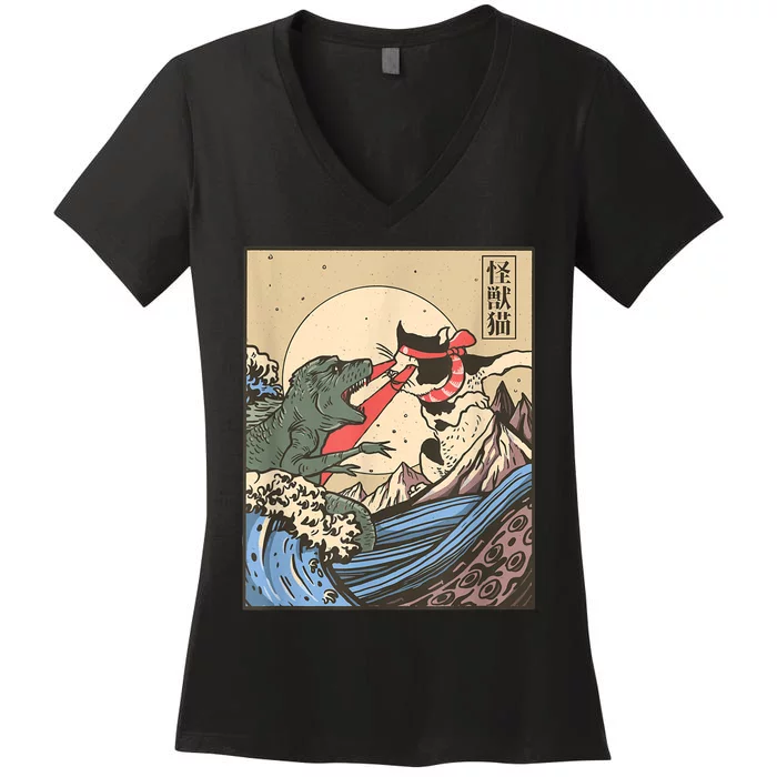 Catzilla Vs Kaiju Vintage Funny Cute Cat Art Japanese Sunset Women's V-Neck T-Shirt