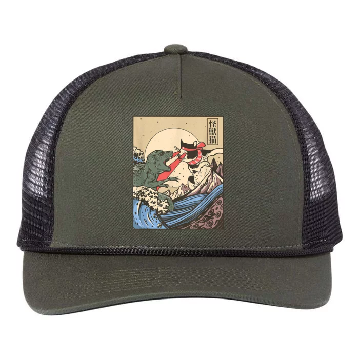 Catzilla Vs Kaiju Vintage Funny Cute Cat Art Japanese Sunset Retro Rope Trucker Hat Cap