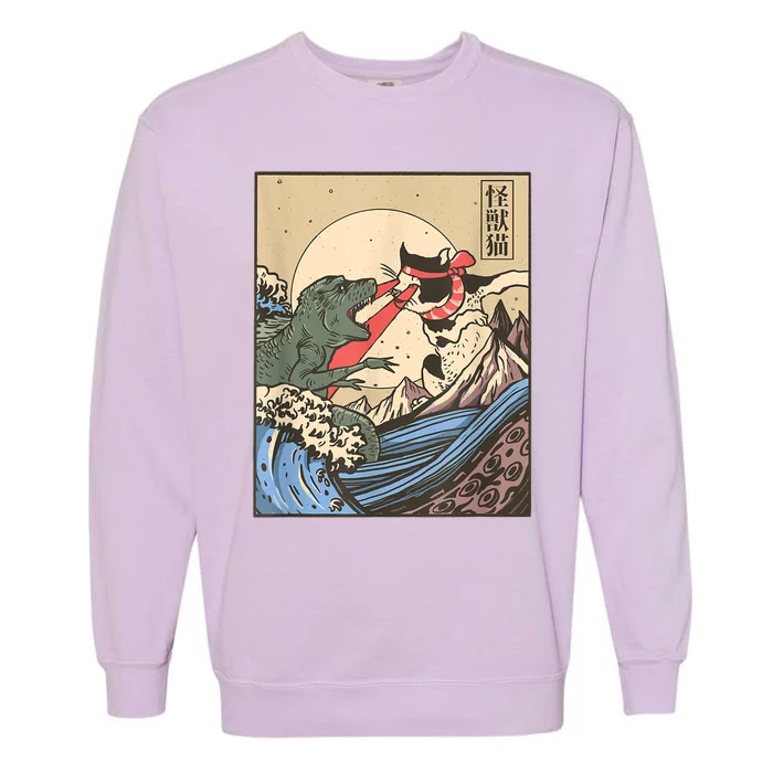 Catzilla Vs Kaiju Vintage Funny Cute Cat Art Japanese Sunset Garment-Dyed Sweatshirt