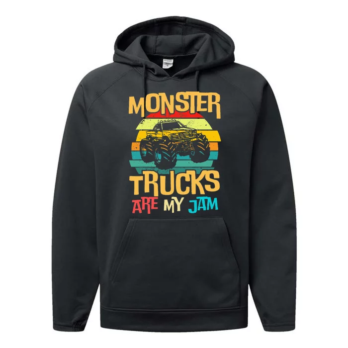 Cool Vintage Monster Truck Are My Jam Retro Sunset Performance Fleece Hoodie