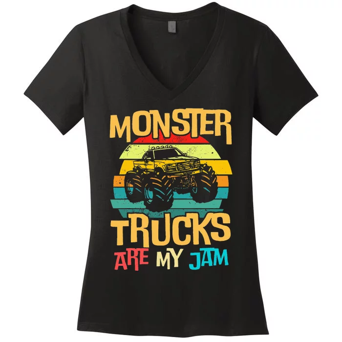 Cool Vintage Monster Truck Are My Jam Retro Sunset Women's V-Neck T-Shirt