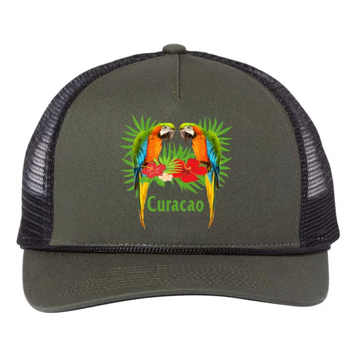 Curacao Vacation Parrots Tropical Flowers Green Palm Beaches Retro Rope Trucker Hat Cap