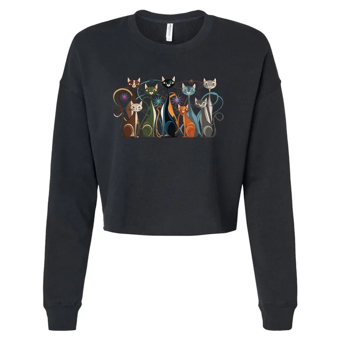 Cat Vintage Retro Midcentury Modern Look Cats Cropped Pullover Crew