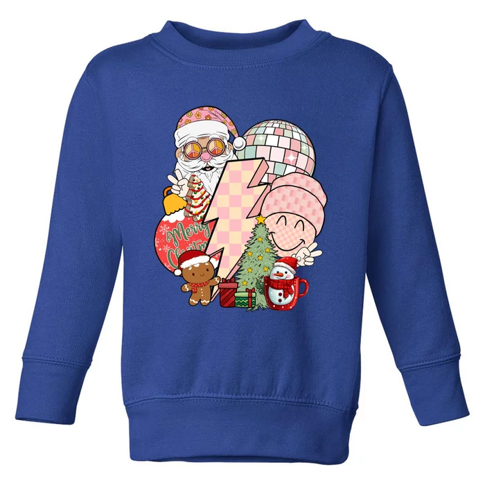 Christmas Vibes Retro Groovy Smile Face Santa Claus Cookie Gift Toddler Sweatshirt