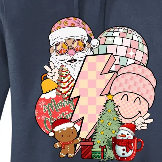 Christmas Vibes Retro Groovy Smile Face Santa Claus Cookie Gift Women's Pullover Hoodie