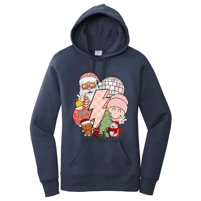 Christmas Vibes Retro Groovy Smile Face Santa Claus Cookie Gift Women's Pullover Hoodie