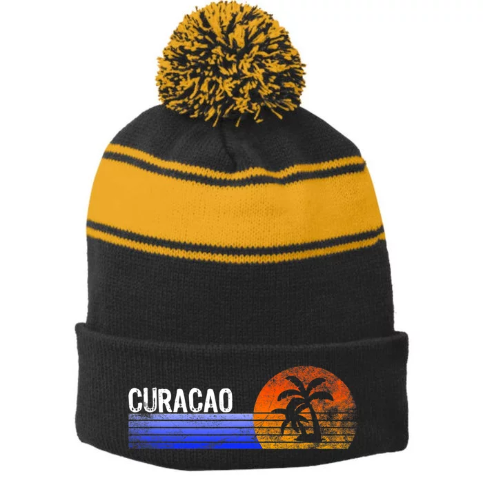 Curacao Vacation Retro Souvenir Sunset Vintage Trip Curacao Stripe Pom Pom Beanie