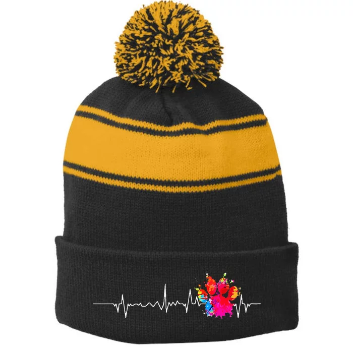 Cute Veterinarian Rainbow Paw Print Heartbeat Vet Tech Stripe Pom Pom Beanie