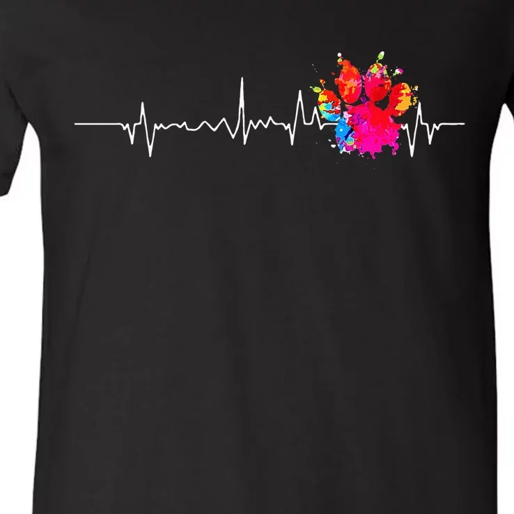 Cute Veterinarian Rainbow Paw Print Heartbeat Vet Tech V-Neck T-Shirt