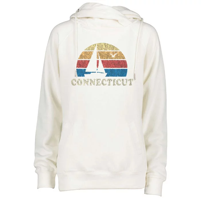 Connecticut Vintage Sailboat 70s Throwback Sunset Womens Funnel Neck Pullover Hood