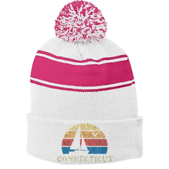 Connecticut Vintage Sailboat 70s Throwback Sunset Stripe Pom Pom Beanie