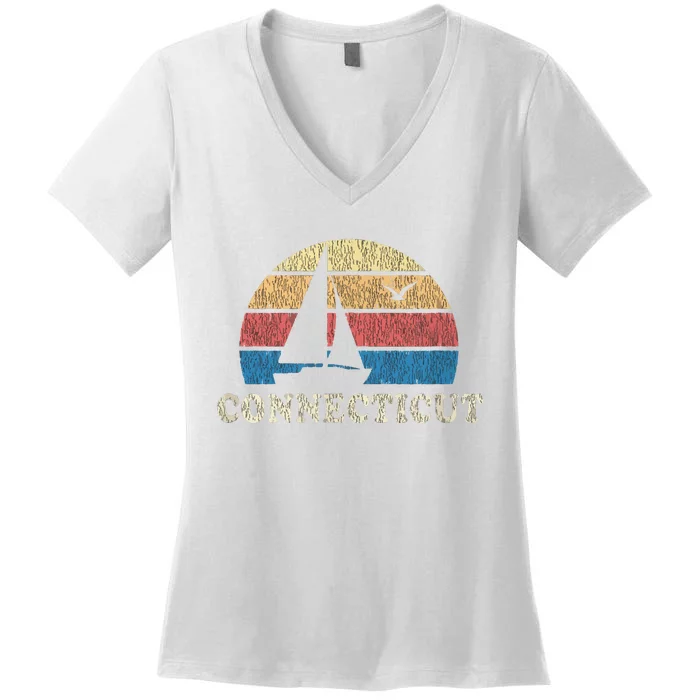 Connecticut Vintage Sailboat 70s Throwback Sunset Women's V-Neck T-Shirt