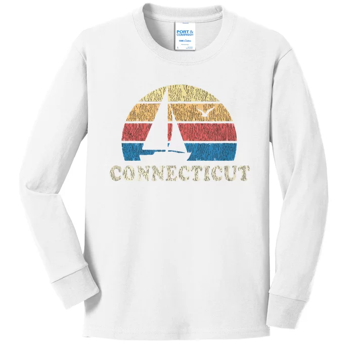 Connecticut Vintage Sailboat 70s Throwback Sunset Kids Long Sleeve Shirt