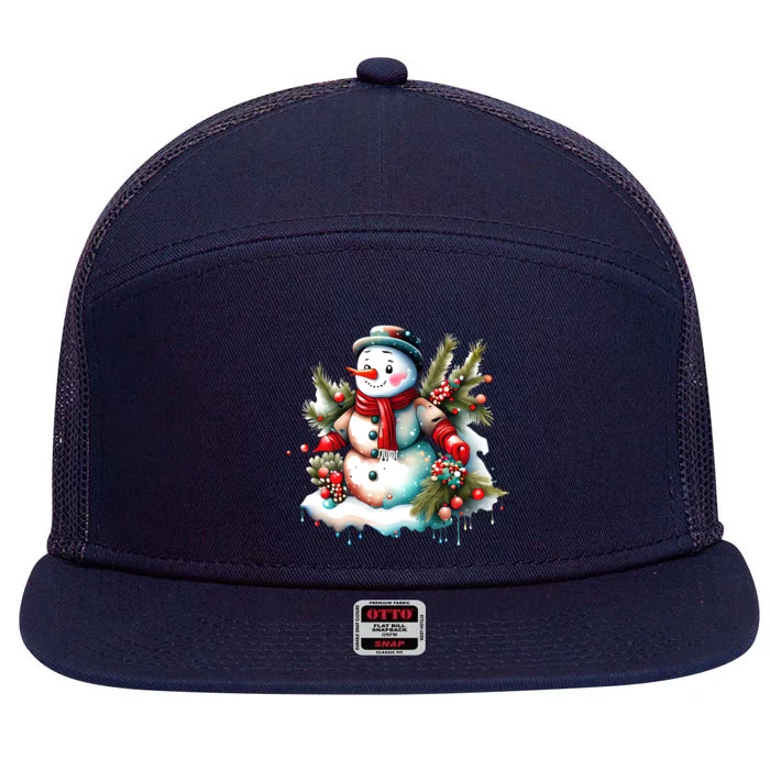 Christmas Vintage Snowman 7 Panel Mesh Trucker Snapback Hat