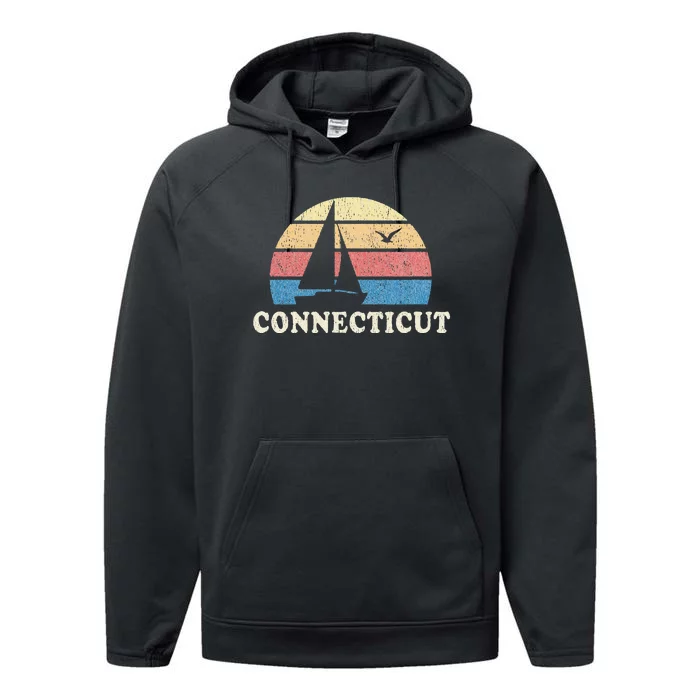 Connecticut Vintage Sailboat 70s Throwback Sunset Performance Fleece Hoodie