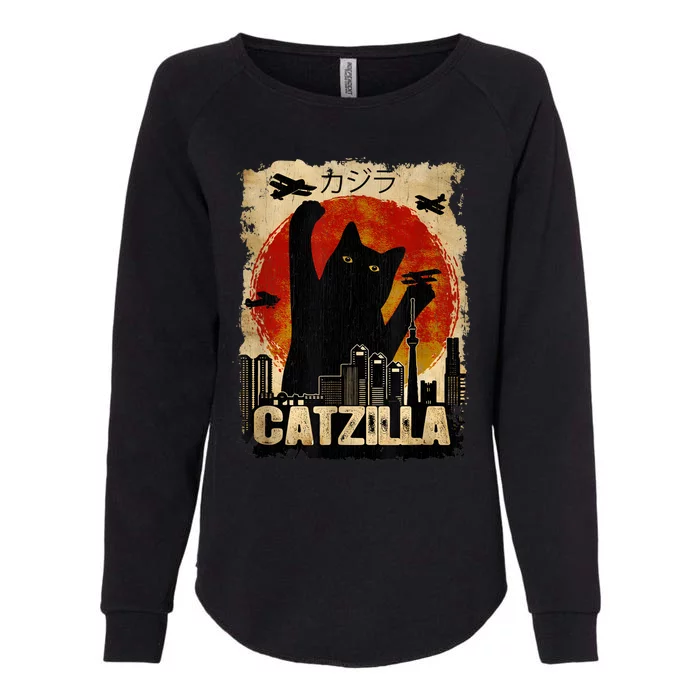 Catzilla Vintage Tee Funny Kitten And Cat Art Japanese Sunset Womens California Wash Sweatshirt