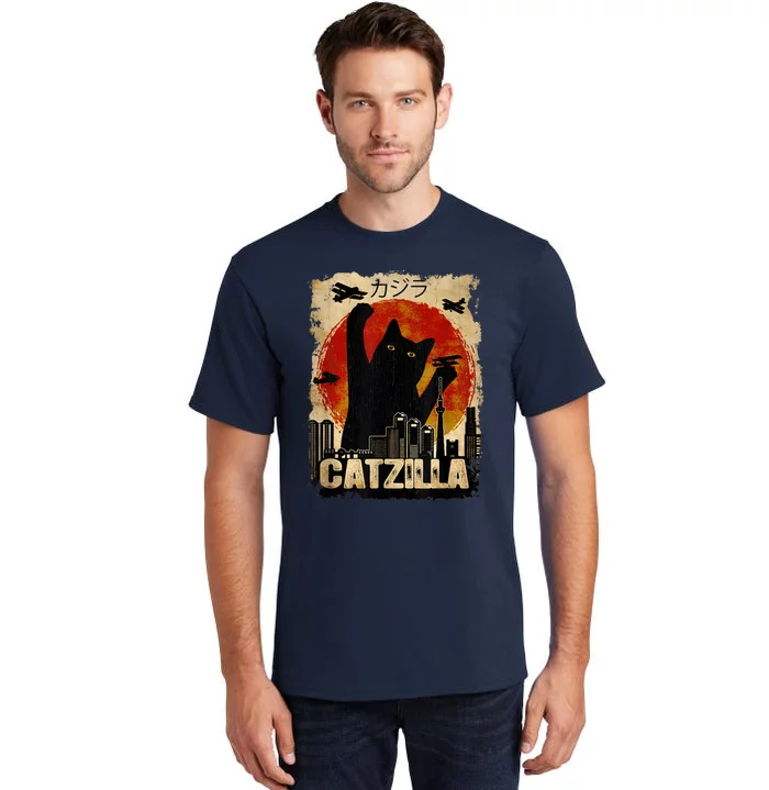 Catzilla Vintage Tee Funny Kitten And Cat Art Japanese Sunset Tall T-Shirt