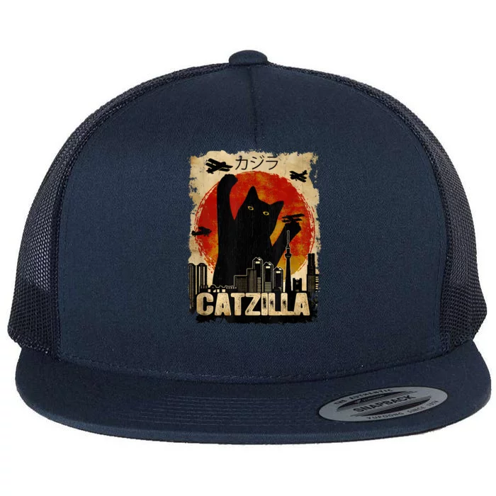 Catzilla Vintage Tee Funny Kitten And Cat Art Japanese Sunset Flat Bill Trucker Hat