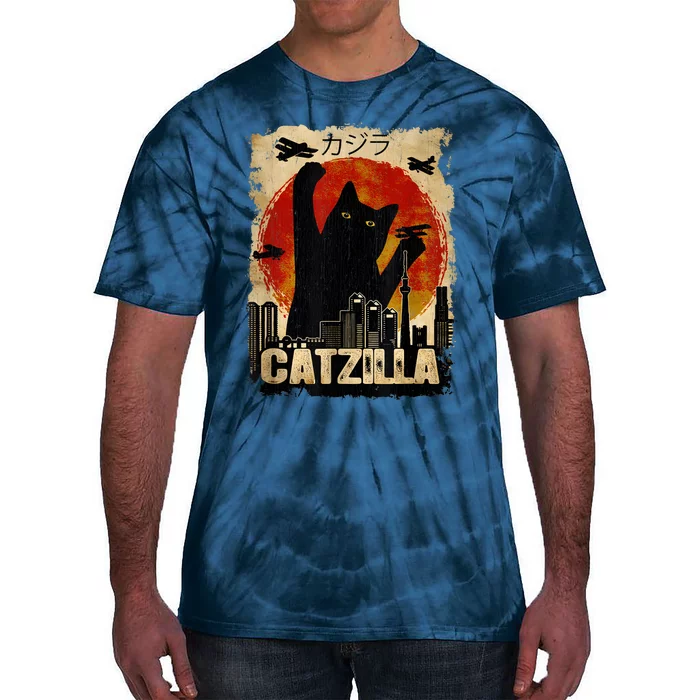 Catzilla Vintage Tee Funny Kitten And Cat Art Japanese Sunset Tie-Dye T-Shirt