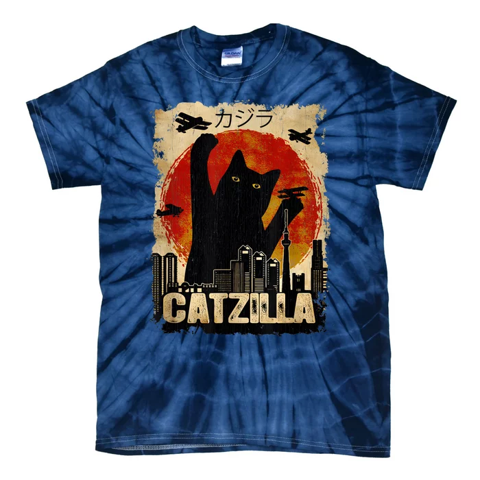 Catzilla Vintage Tee Funny Kitten And Cat Art Japanese Sunset Tie-Dye T-Shirt