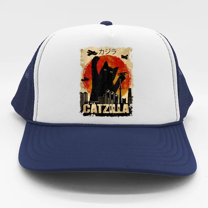 Catzilla Vintage Tee Funny Kitten And Cat Art Japanese Sunset Trucker Hat