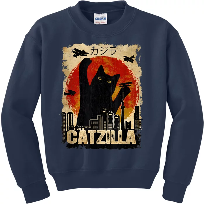 Catzilla Vintage Tee Funny Kitten And Cat Art Japanese Sunset Kids Sweatshirt