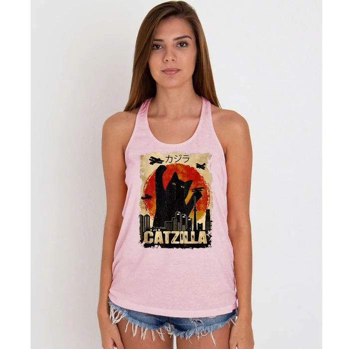 Catzilla Vintage Tee Funny Kitten And Cat Art Japanese Sunset Women's Knotted Racerback Tank