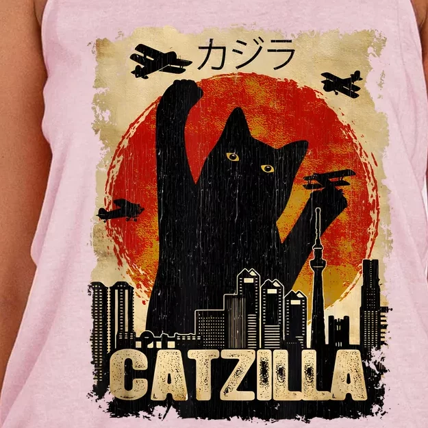 Catzilla Vintage Tee Funny Kitten And Cat Art Japanese Sunset Women's Knotted Racerback Tank