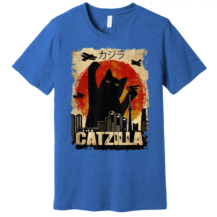 Catzilla Vintage Tee Funny Kitten And Cat Art Japanese Sunset Premium T-Shirt