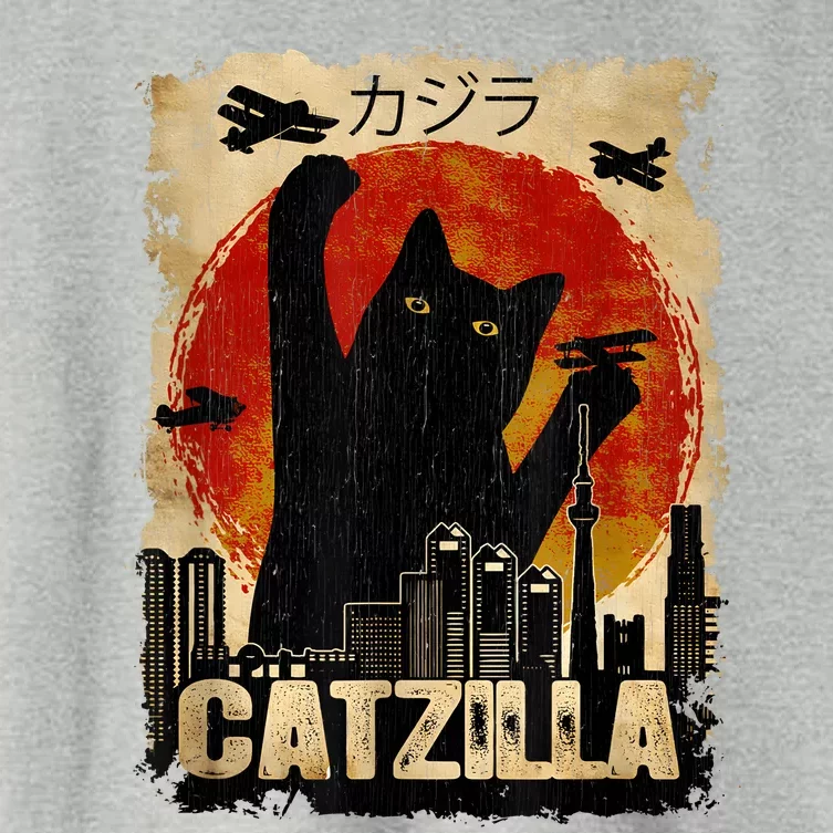 Catzilla Vintage Tee Funny Kitten And Cat Art Japanese Sunset Women's Crop Top Tee