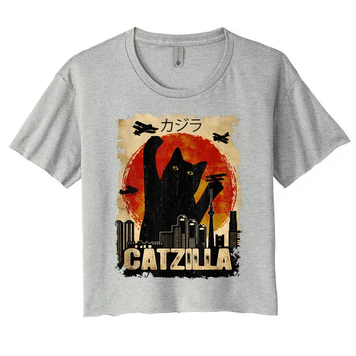 Catzilla Vintage Tee Funny Kitten And Cat Art Japanese Sunset Women's Crop Top Tee