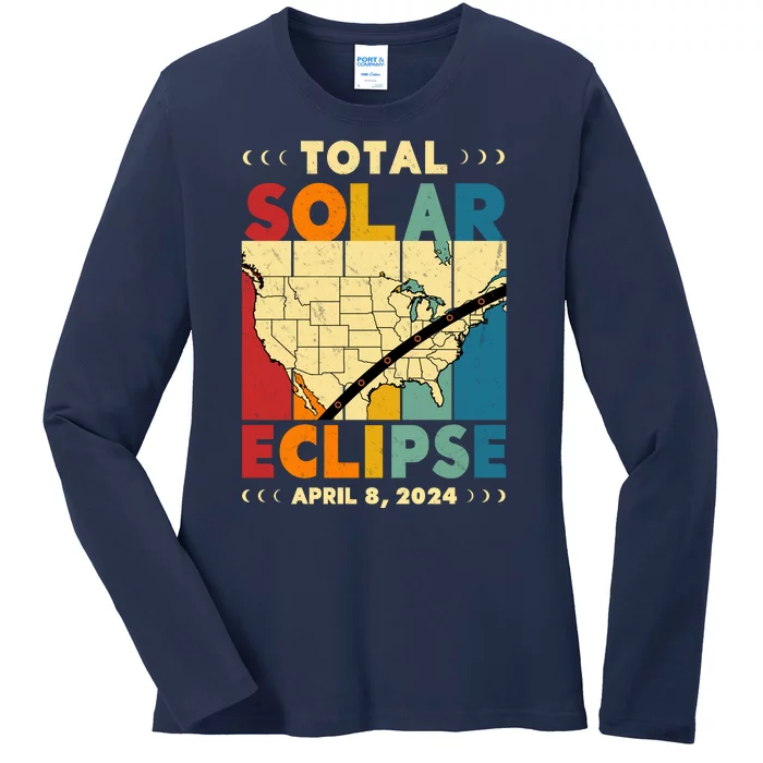 Cool Vintage Total Solar Eclips Usa Map April 2024 Ladies Long Sleeve Shirt