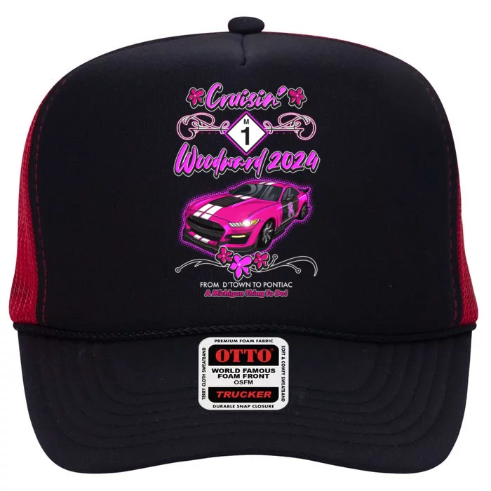 Cruisin Woodward 2024 From Dtown To Pontiac Pink Ribbon Breast Cancer Awareness High Crown Mesh Trucker Hat