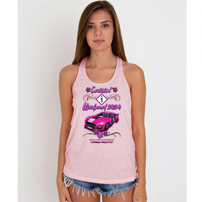 Cruisin Woodward 2024 From Dtown To Pontiac Pink Ribbon Breast Cancer Awareness Women's Knotted Racerback Tank