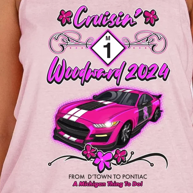 Cruisin Woodward 2024 From Dtown To Pontiac Pink Ribbon Breast Cancer Awareness Women's Knotted Racerback Tank