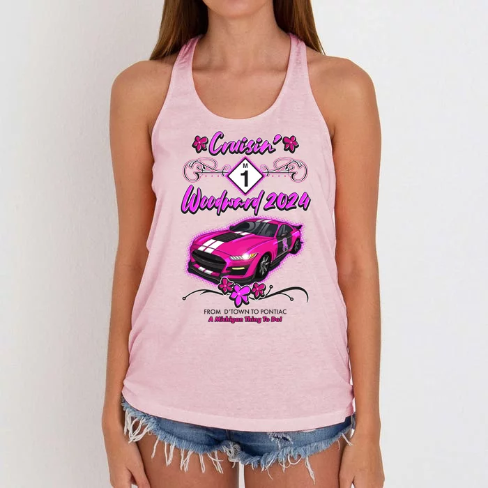 Cruisin Woodward 2024 From Dtown To Pontiac Pink Ribbon Breast Cancer Awareness Women's Knotted Racerback Tank