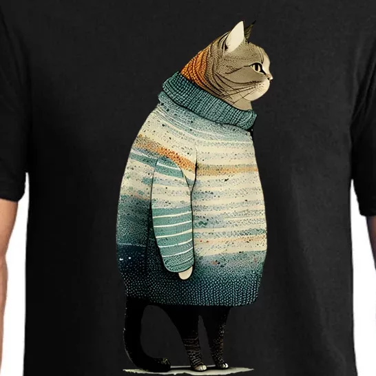 Cat Wearing A Sweater Funny Pet Fat Gray Cat In Sweater Pajama Set