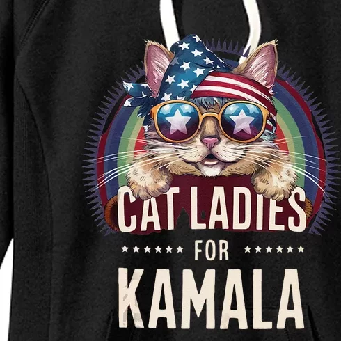 Cat With American Flag Bandana Cat Ladies For Kamala Rainbow Lgbt Women's Fleece Hoodie