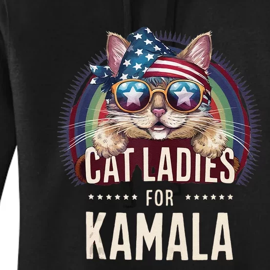 Cat With American Flag Bandana Cat Ladies For Kamala Rainbow Lgbt Women's Pullover Hoodie