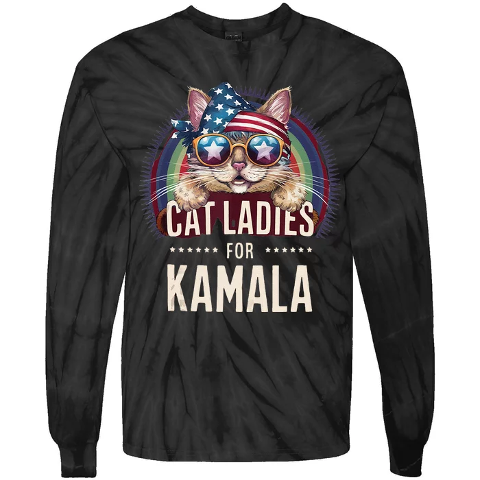 Cat With American Flag Bandana Cat Ladies For Kamala Rainbow Lgbt Tie-Dye Long Sleeve Shirt