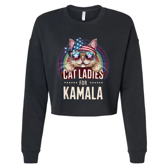 Cat With American Flag Bandana Cat Ladies For Kamala Rainbow Lgbt Cropped Pullover Crew