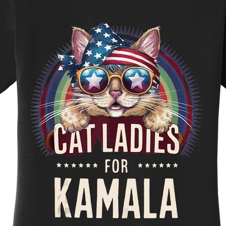 Cat With American Flag Bandana Cat Ladies For Kamala Rainbow Lgbt Women's T-Shirt